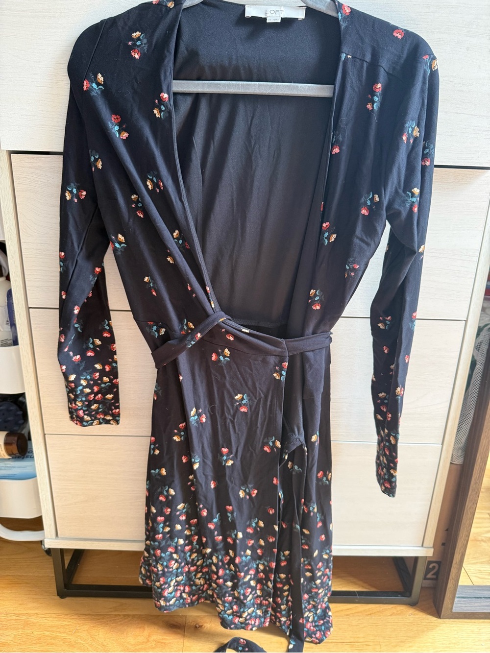 LOFT Black Floral Tie-Waist Wrap Dress
